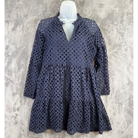J.CREW Dresses & Skirts - J Crew Tiered Embroidered Eyelet Dress Medium Navy Blue Mini Popover
